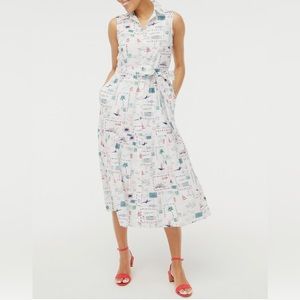 J Crew Sleeveless Button-Front Map Print Collared Midi Dress. NWT